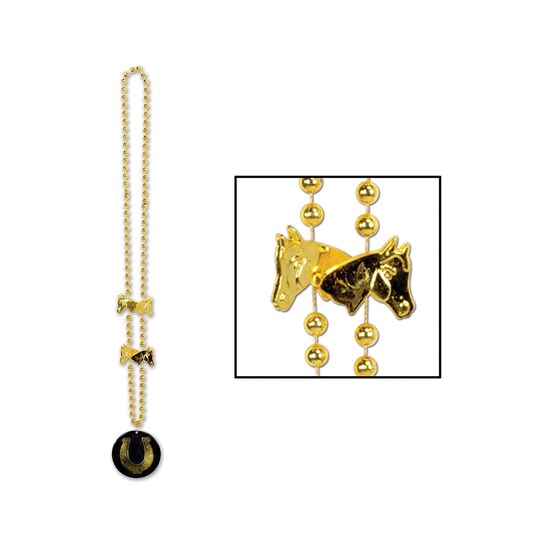 Party Central Pack of 12 Gold Derby Day Beads with Horseshoe Medallion Party Necklaces 36"